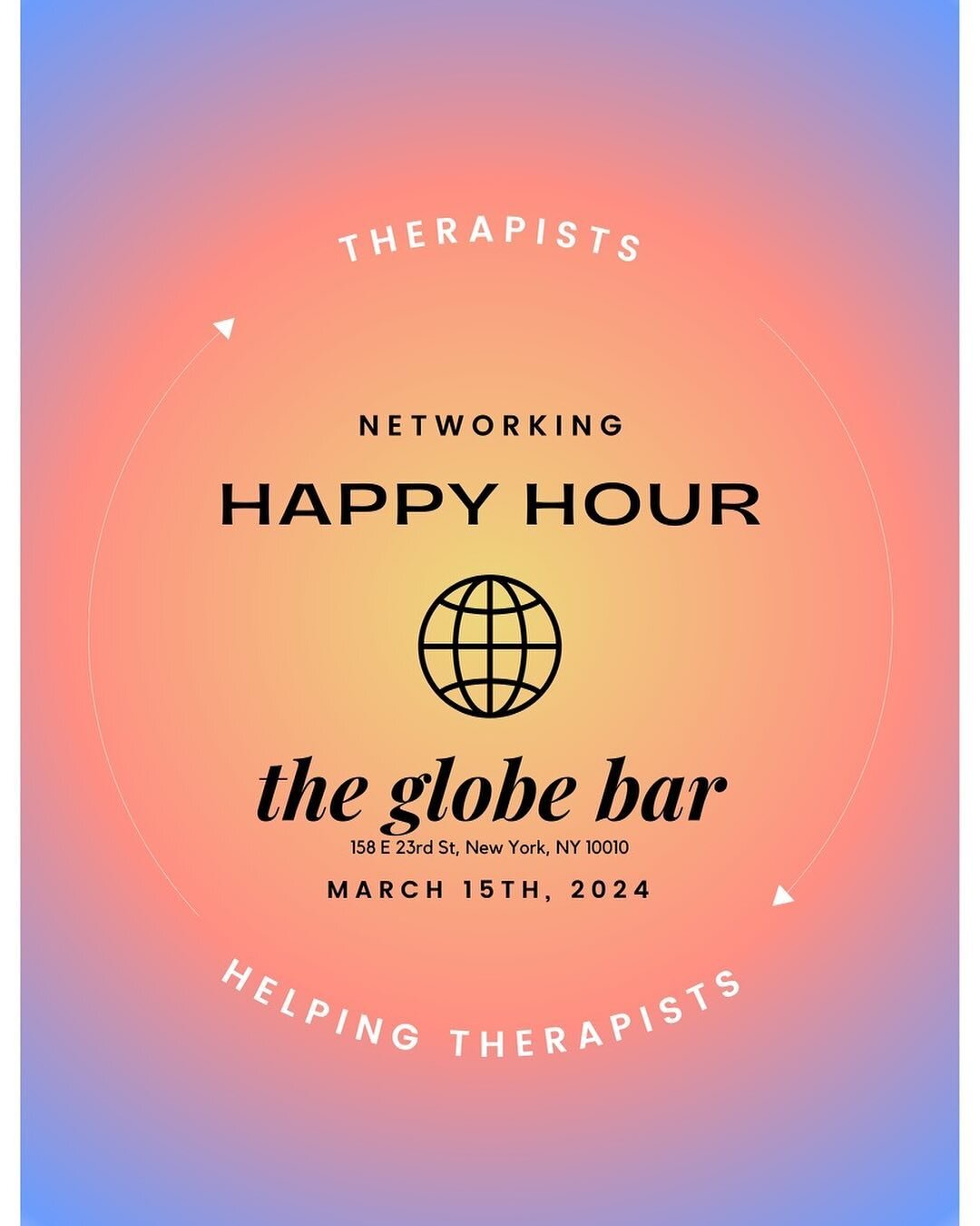 NYC Therapists: Join us for a networking happy hour at The Globe Bar from 6:00-9:00 on Friday, March 15th.

Please share with other colleagues and we look forward to seeing you there! #nyctherapist #nyctherapy