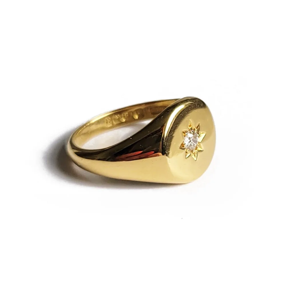 1940s 18ct Gold & Old Cut Diamond Signet Ring