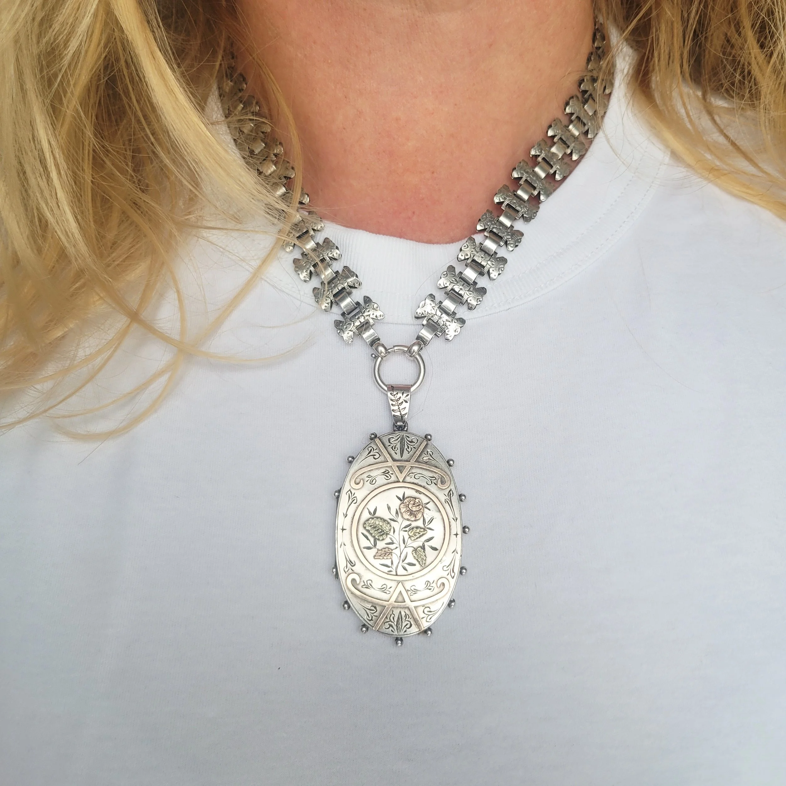 Epic Victorian Silver Collar and Two Colour Gold Locket