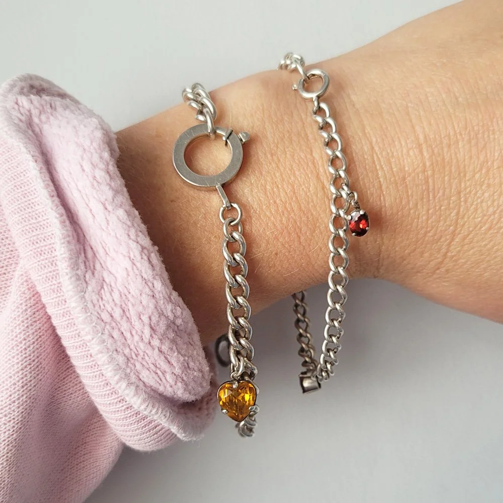 Vintage Silver Curb Bracelet with Garnet Drops