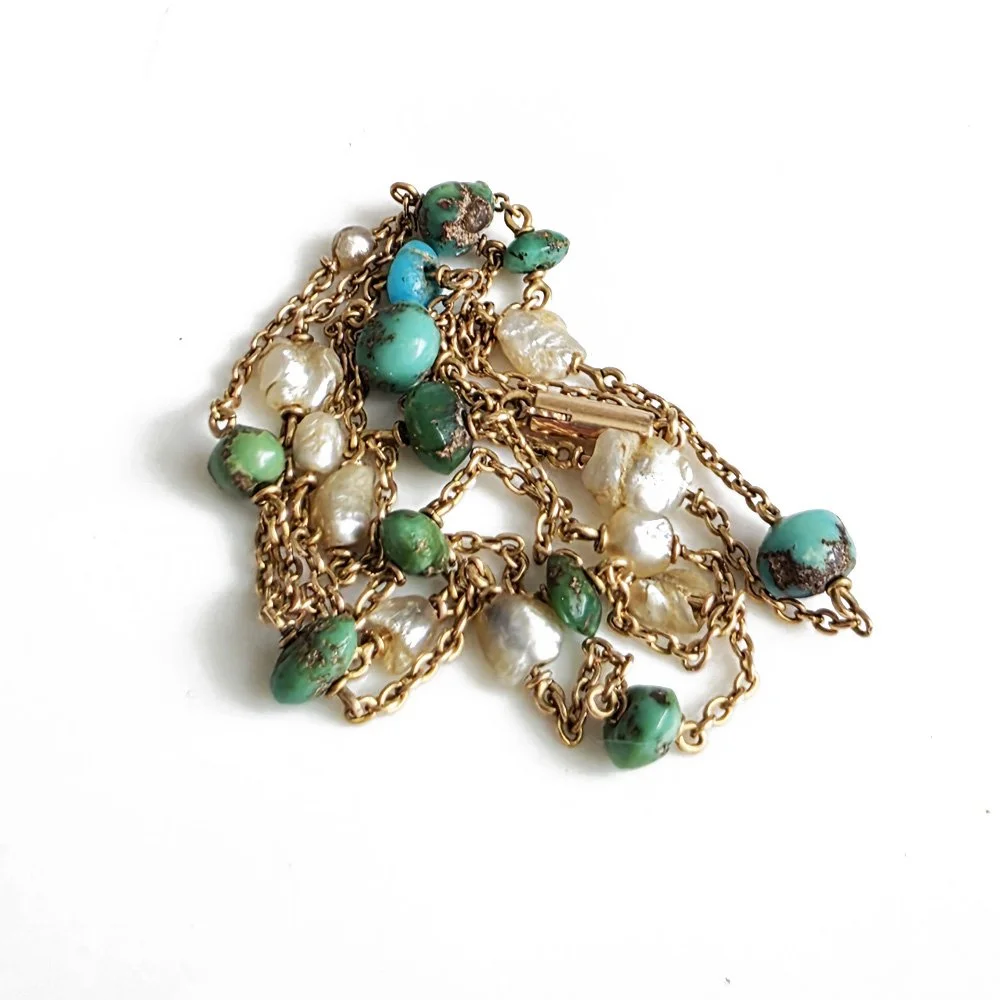 Antique 15ct Gold Turquoise & Pearl Chain