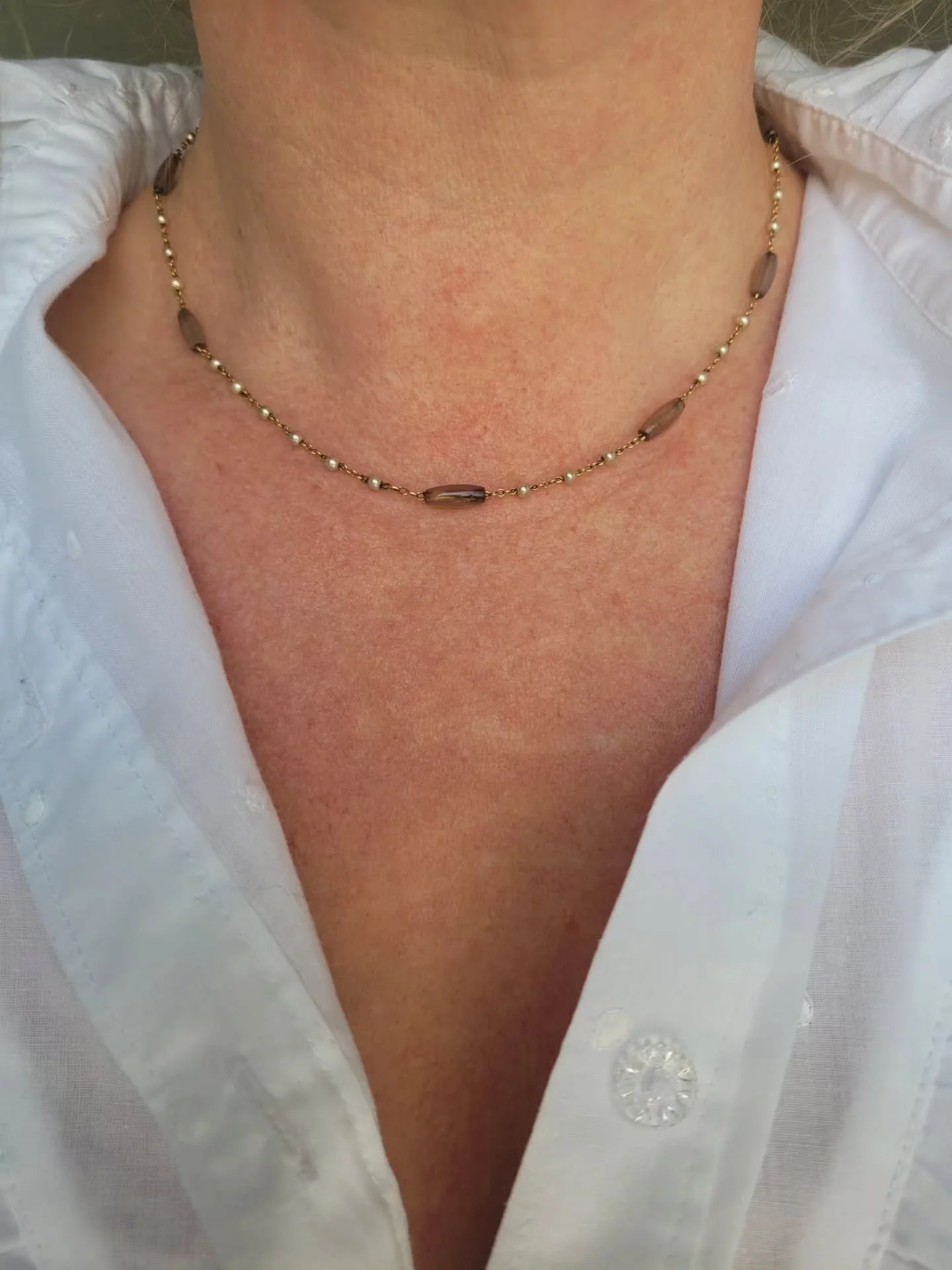 REFINED! This is so quietly beautiful, those translucent olivey agate barrels really compliment the lustrous natural pearls and the gold. A gorgeous and unusual combo. So pretty. Now available.