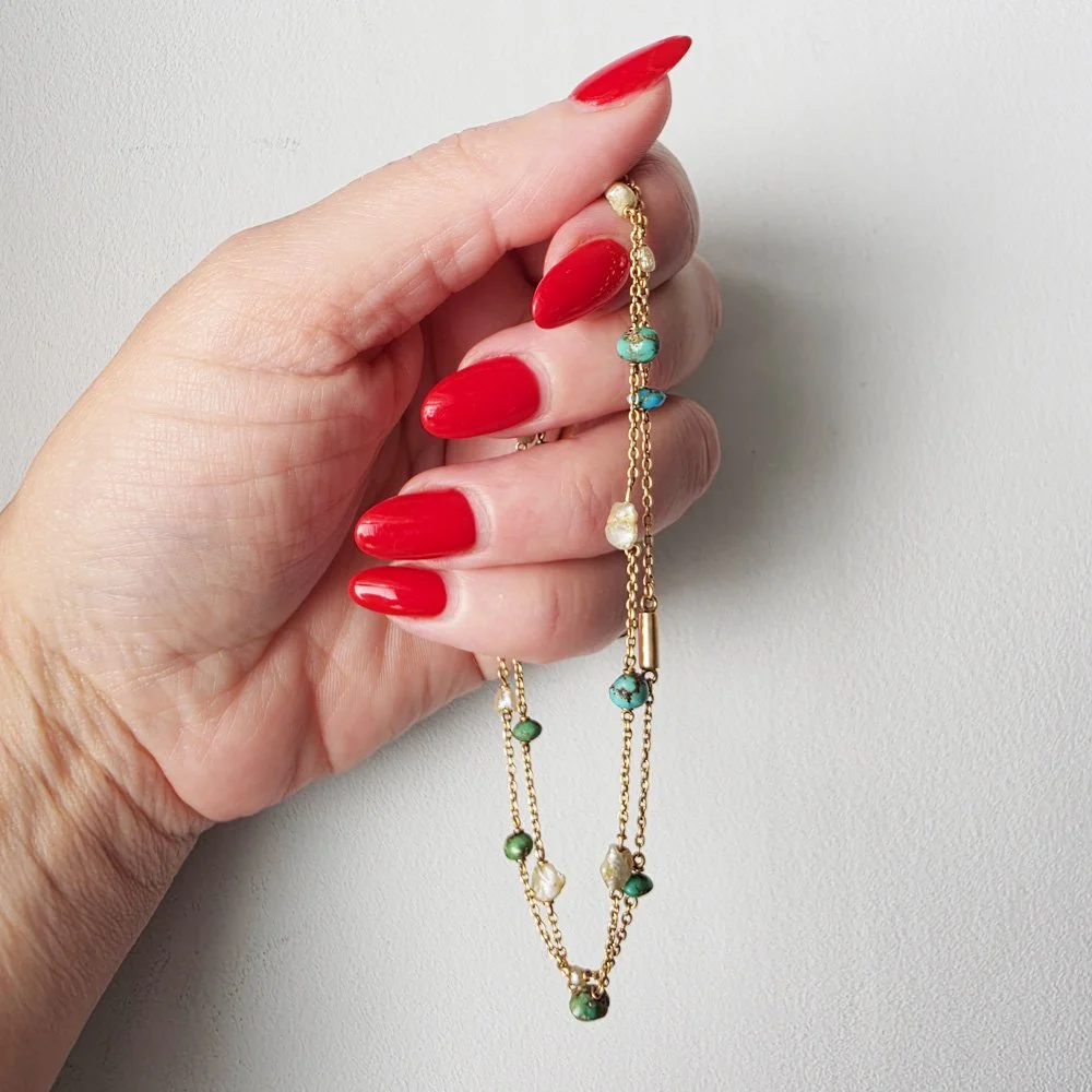 Antique 15ct Gold Turquoise & Pearl Chain