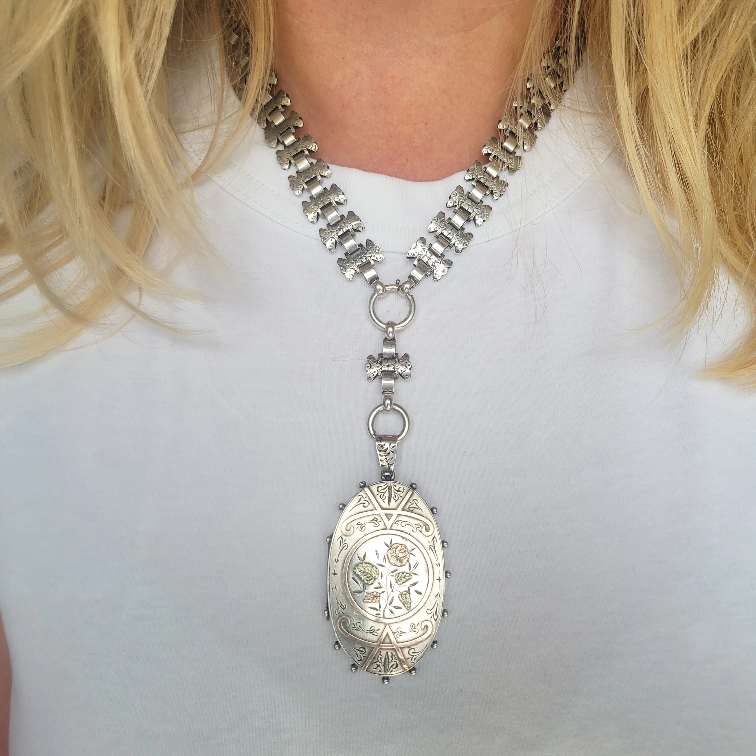 Epic Victorian Silver Collar and Two Colour Gold Locket Jewels Antiqua