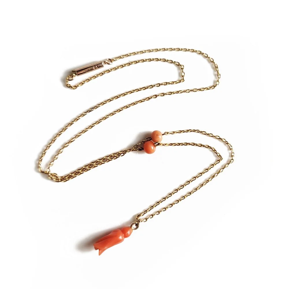 Antique 9ct Gold & Coral Flower Bud Chain / Necklace