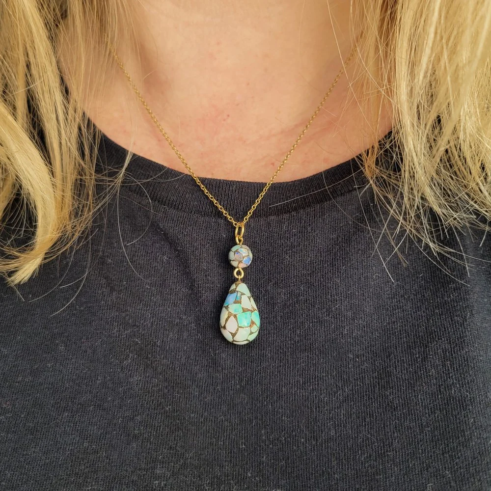 Vintage Black & White Opal 'Mosaic' Drop Pendant