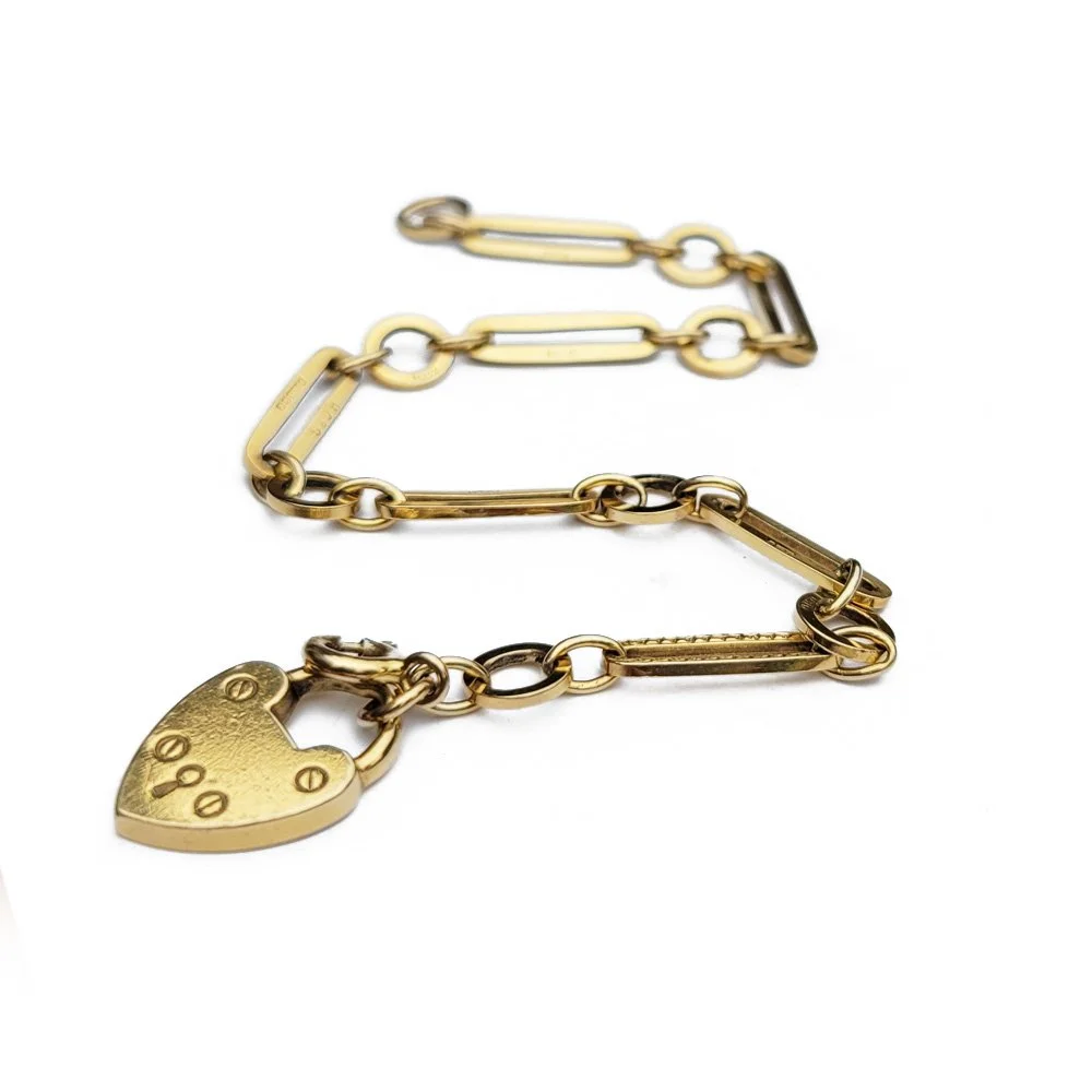 Vintage 9ct Gold Flat Paperclip Link Bracelet With Heart Padlock Charm