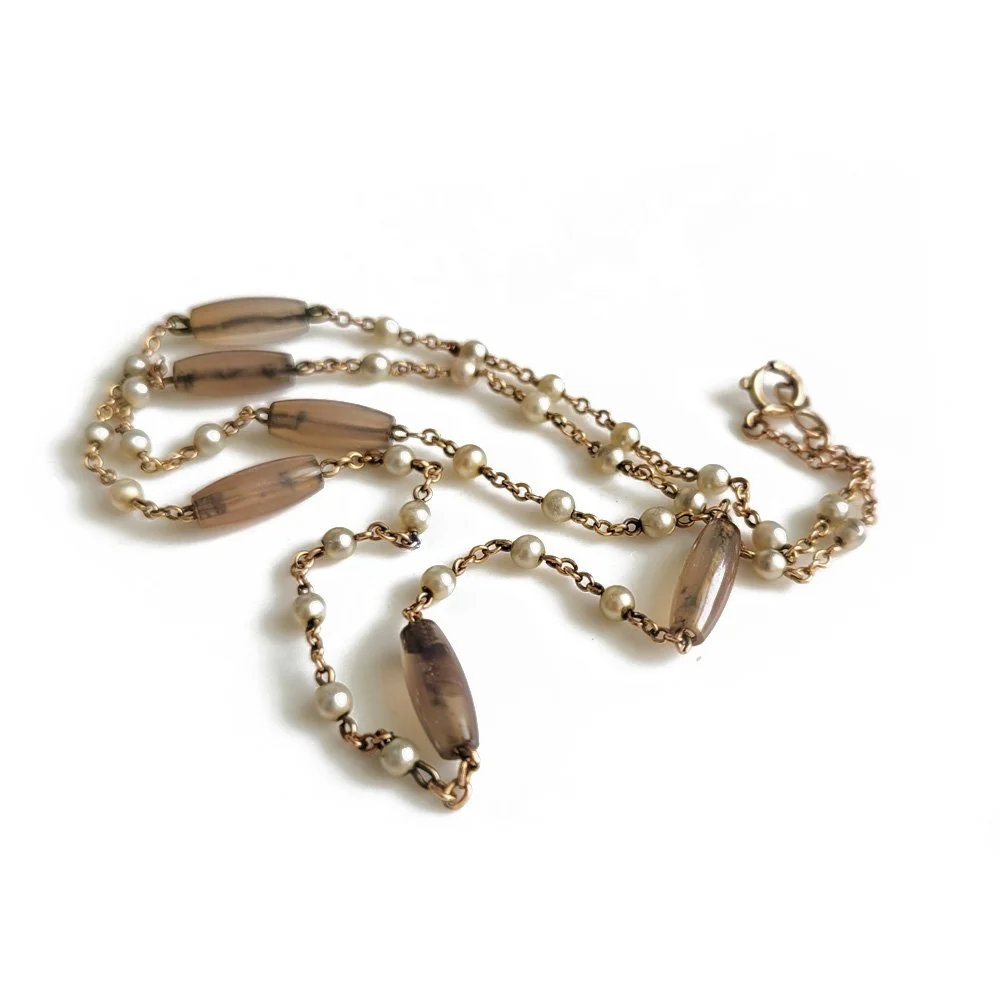 Antique Natural Pearl & Agate Station Chain