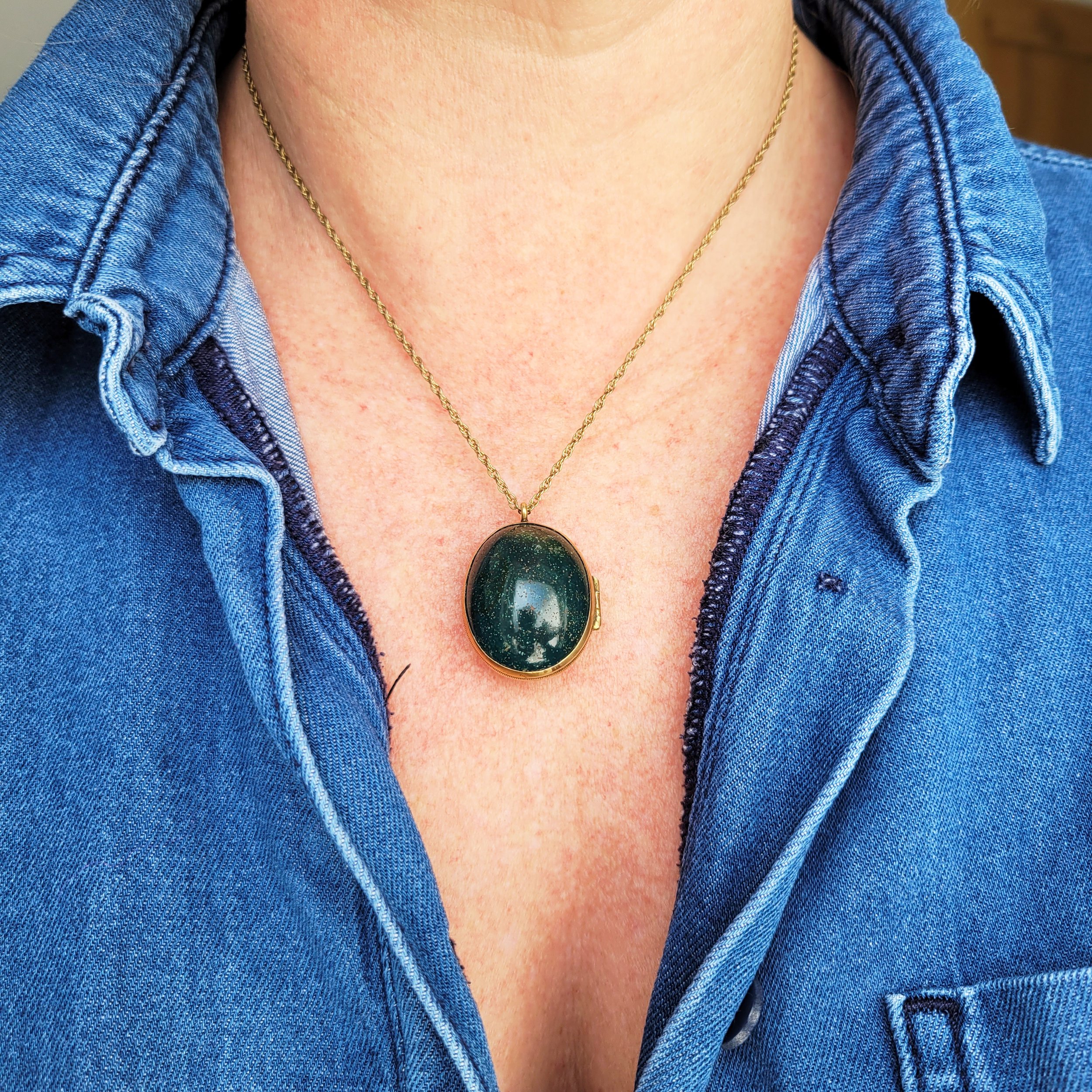 Antique Gilt Metal Bloodstone 'Egg' Locket and Chain