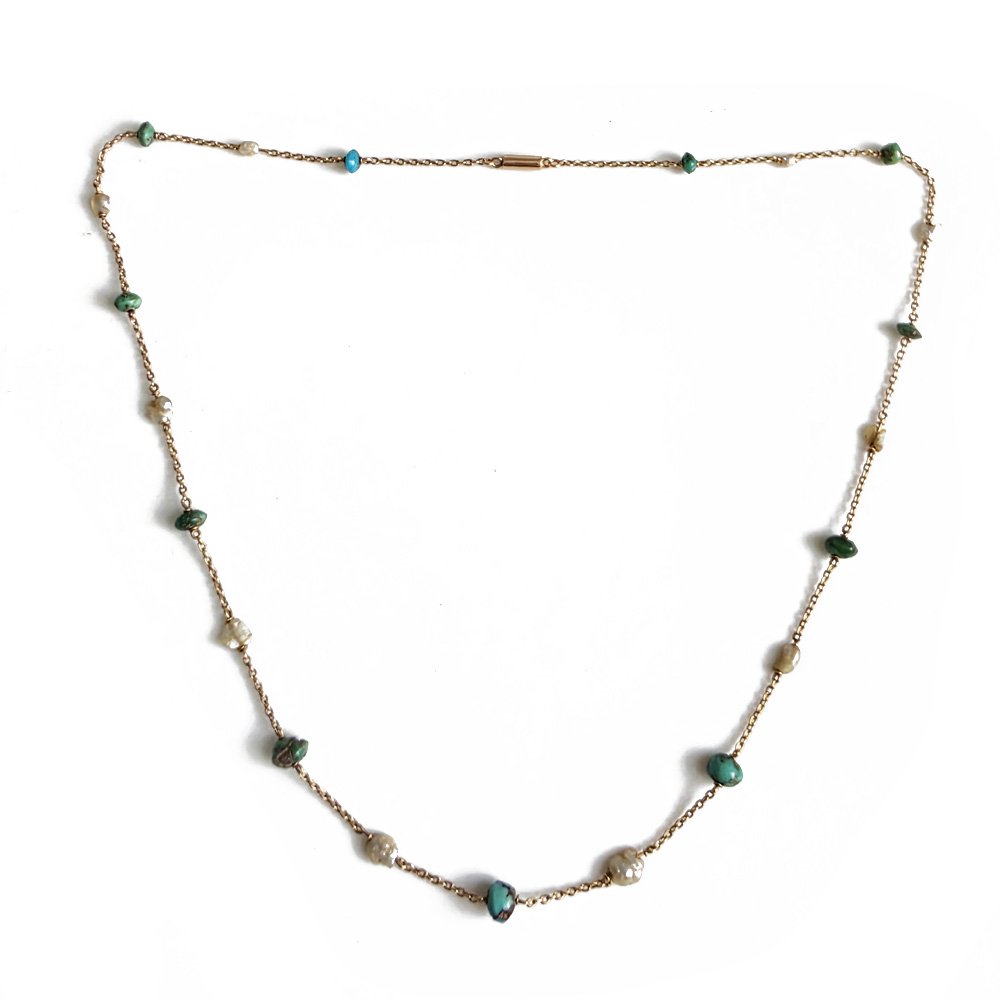 Antique 15ct Gold Turquoise & Pearl Chain