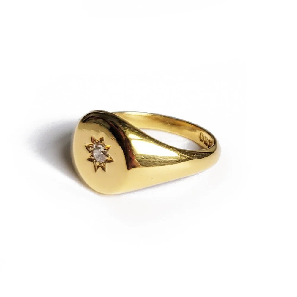 1940s 18ct Gold & Old Cut Diamond Signet Ring
