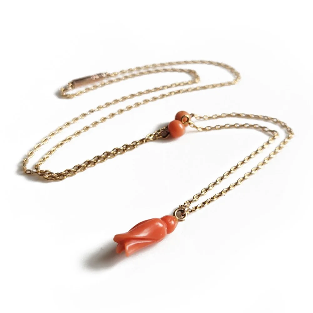 Antique 9ct Gold & Coral Flower Bud Chain / Necklace