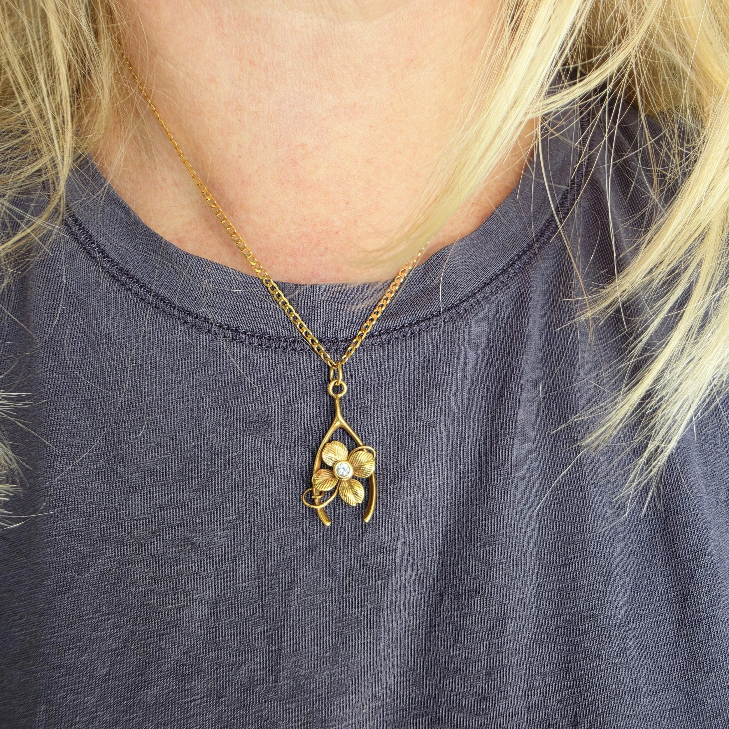 Vintage Diamond Set Four Leaf Clover and Wishbone Pendant