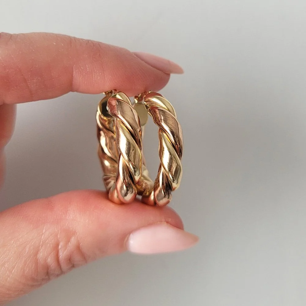 Beautiful Vintage 9ct Yellow & Rose Gold Twisted Ribbon Hoops