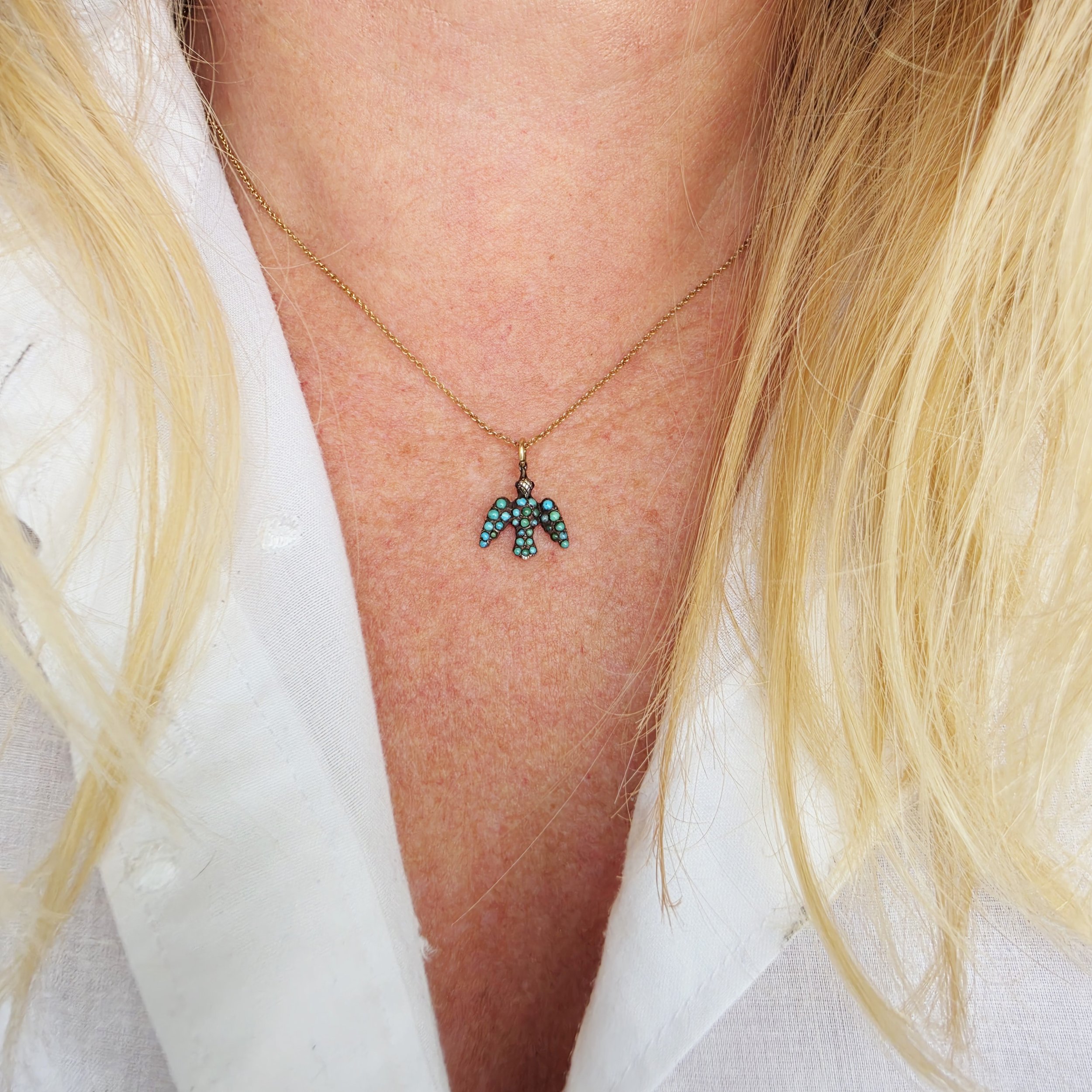 Victorian Pavé Turquoise Dove Pendant with 9ct Chain Jewels Antiqua