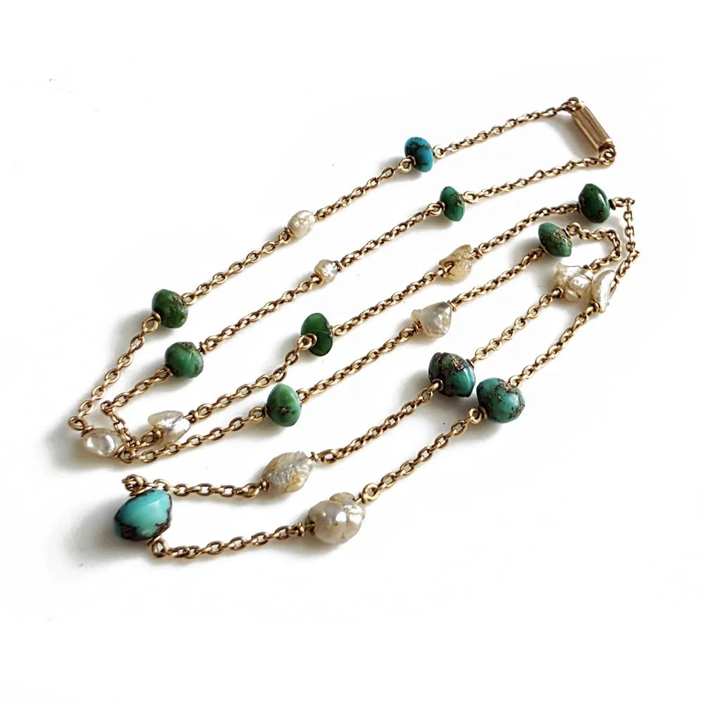 Antique 15ct Gold Turquoise & Pearl Chain