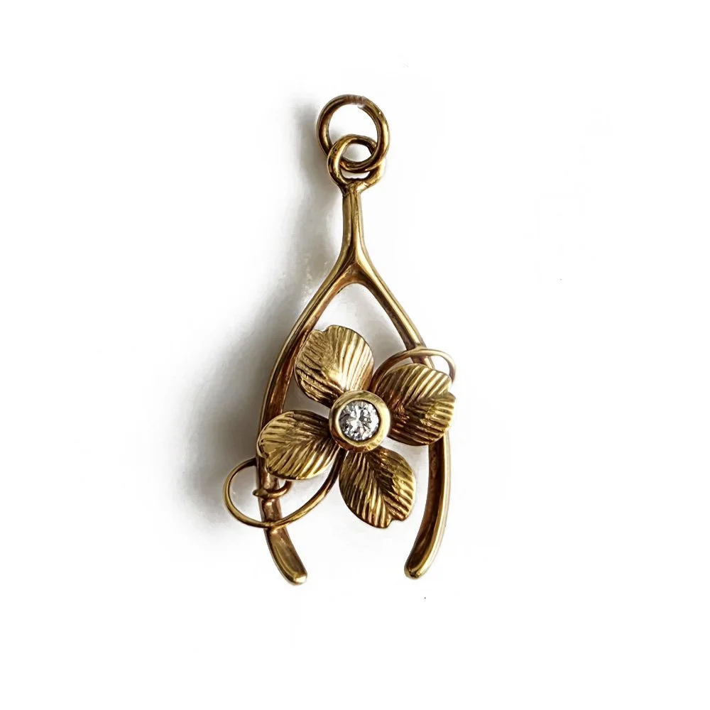 Vintage Diamond Set Four Leaf Clover and Wishbone Pendant