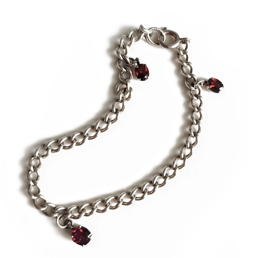 Vintage Silver Curb Bracelet with Garnet Drops