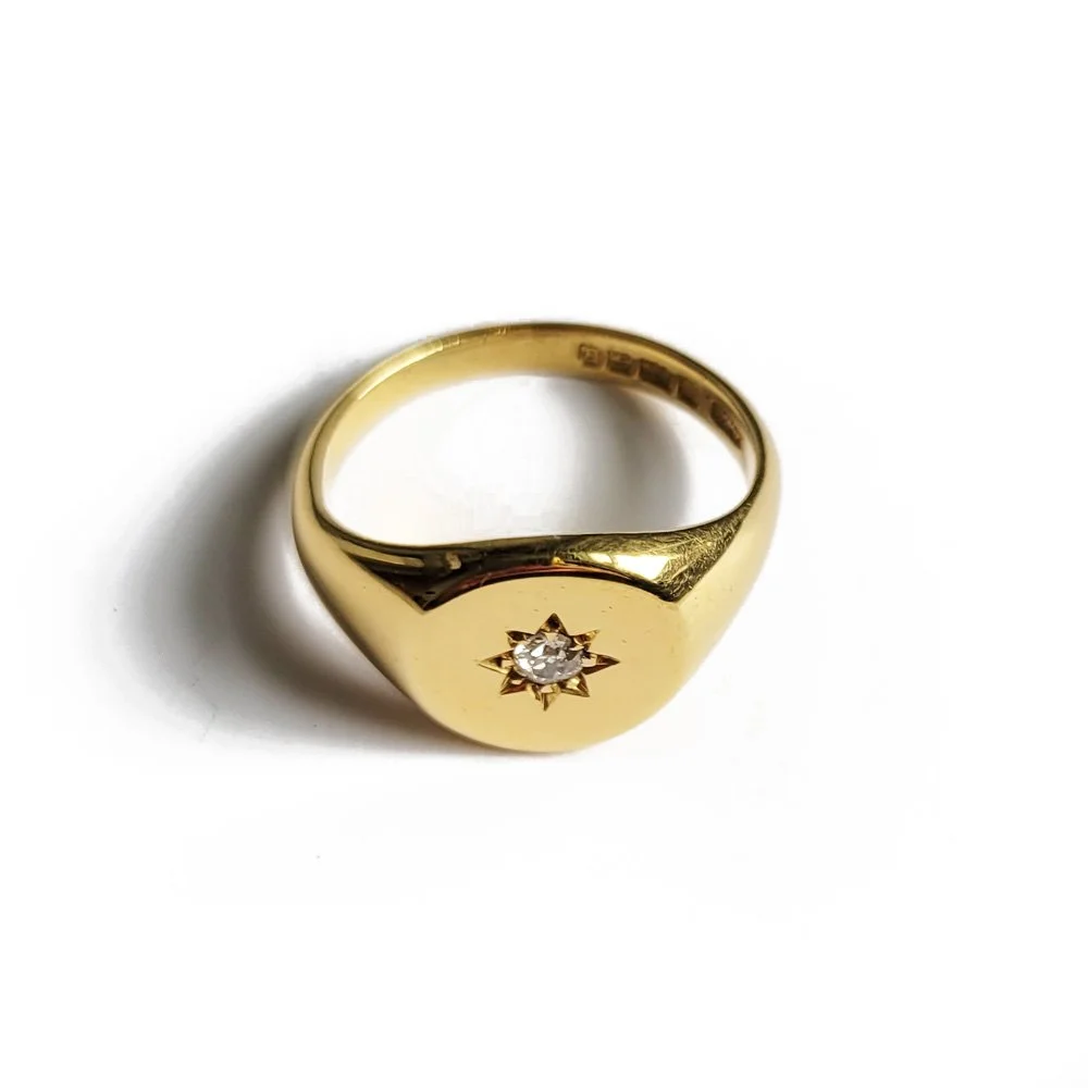 1940s 18ct Gold & Old Cut Diamond Signet Ring