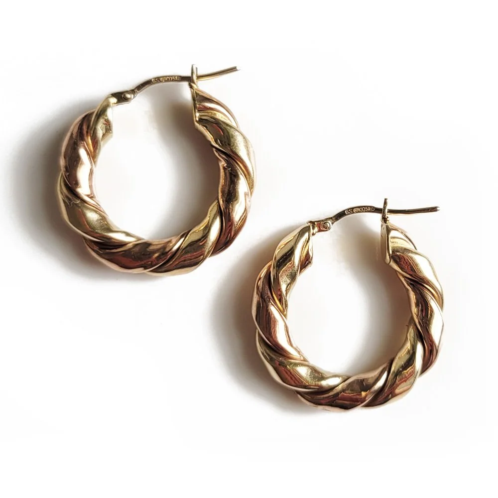 Beautiful Vintage 9ct Yellow & Rose Gold Twisted Ribbon Hoops
