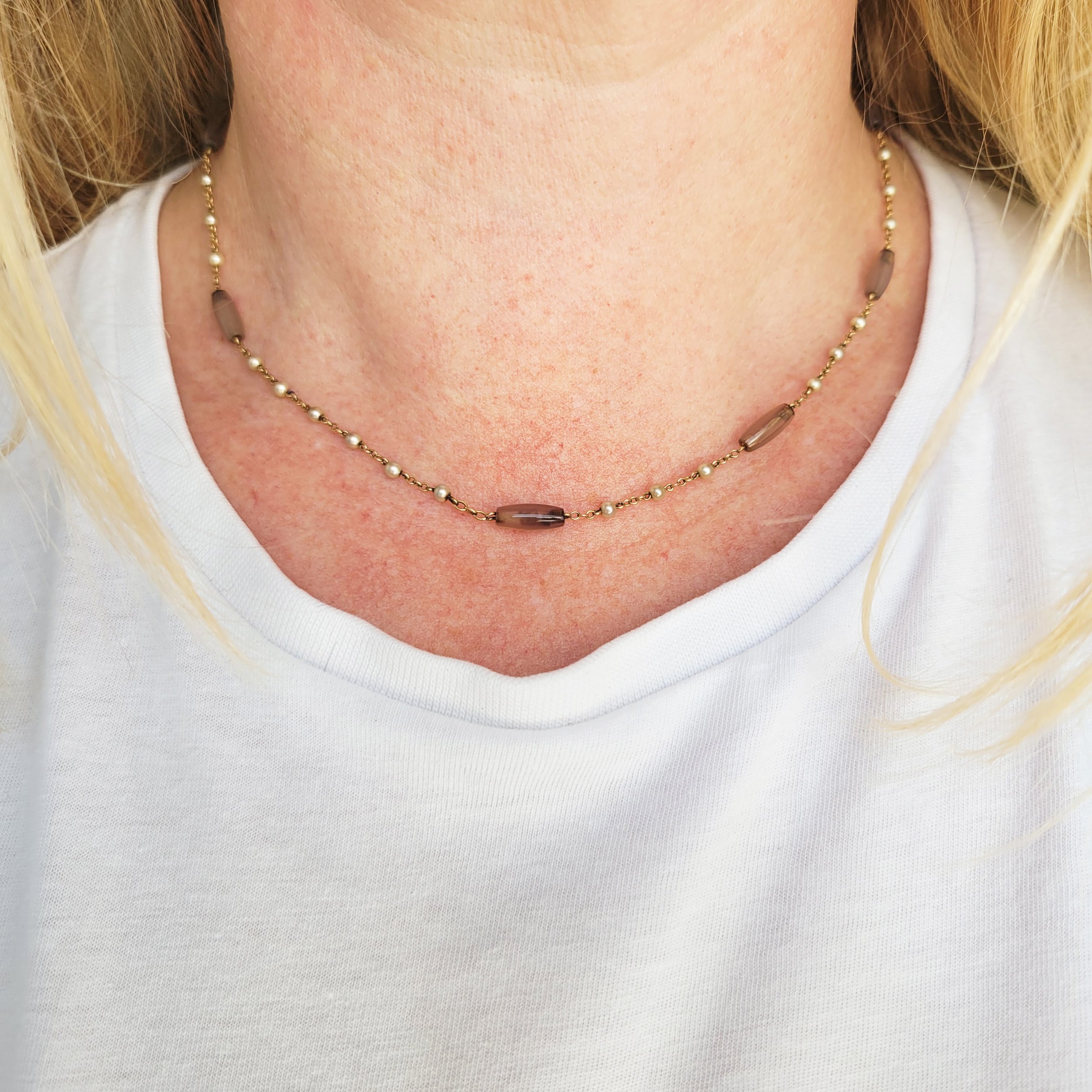 Antique Natural Pearl & Agate Station Chain