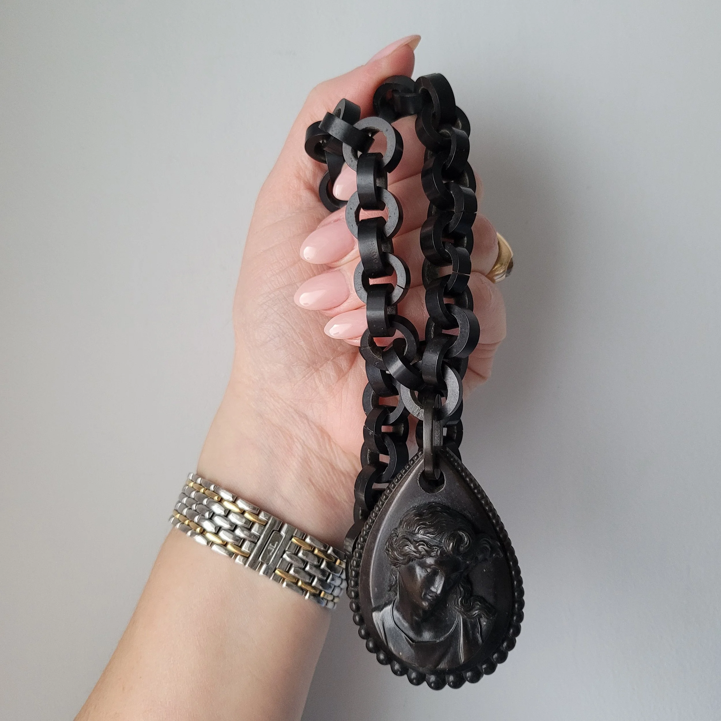 Victorian Vulcanite Rollo Chain with Large Relief Pendant