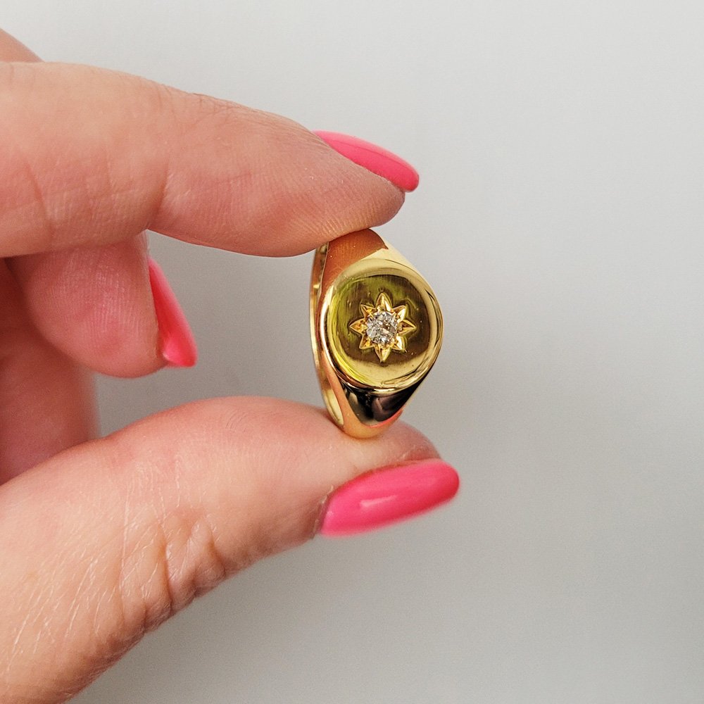 1940s 18ct Gold & Old Cut Diamond Signet Ring Jewels Antiqua