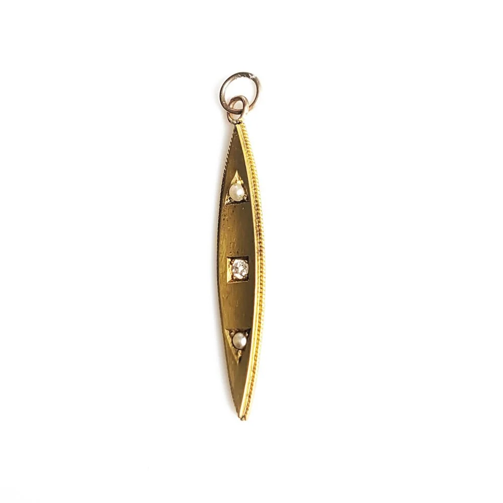 Antique 15ct Gold, Diamond & Pearl Lozenge Shaped Pendant