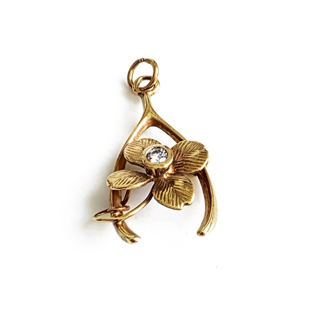 Vintage Diamond Set Four Leaf Clover and Wishbone Pendant