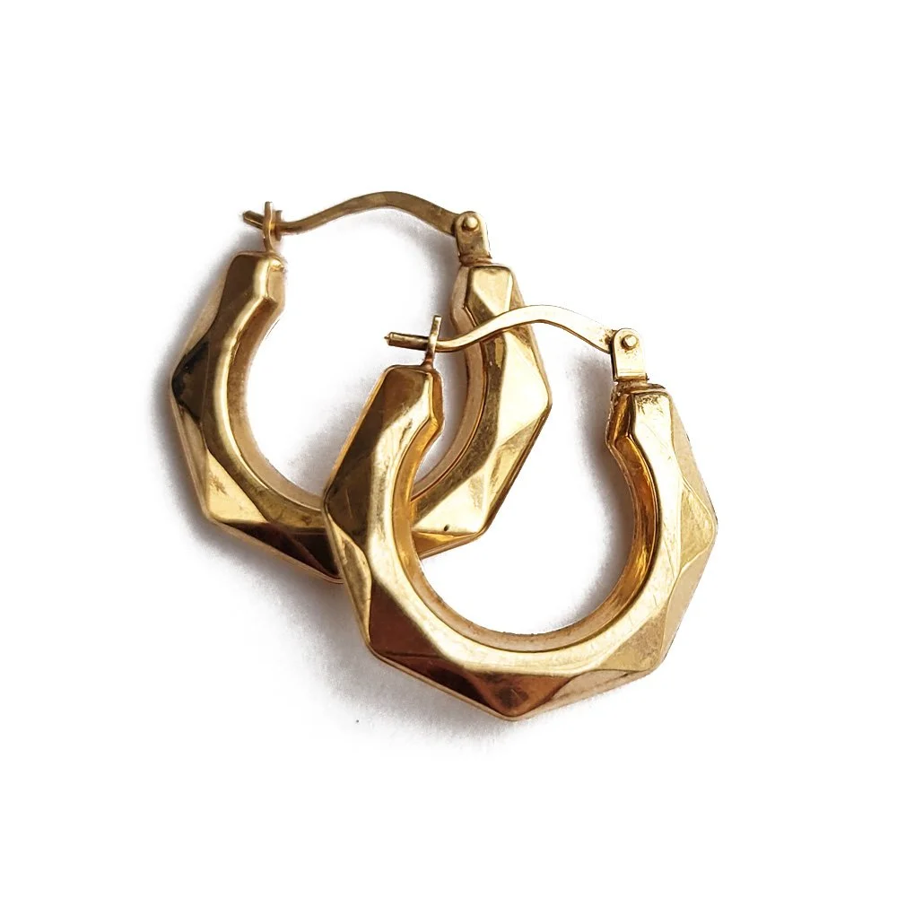 Vintage Uno A Erre 9ct Gold Midi Hexagonal Hoop Earrings