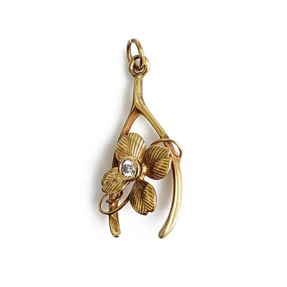 Vintage Diamond Set Four Leaf Clover and Wishbone Pendant