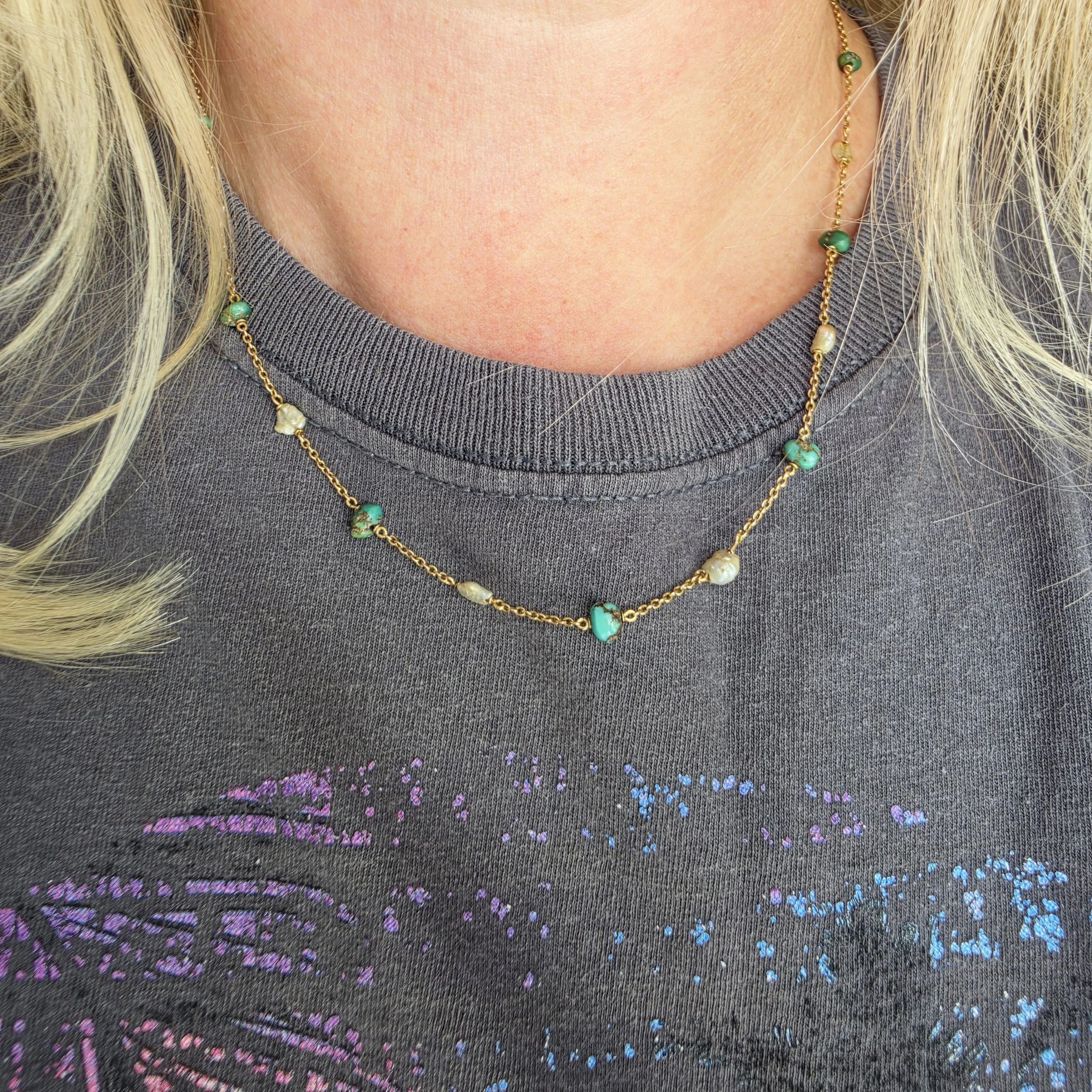 Antique 15ct Gold Turquoise & Pearl Chain Jewels Antiqua