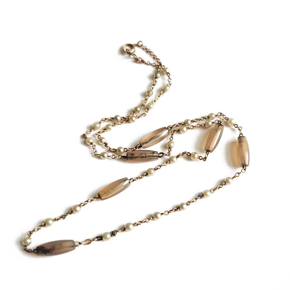 Antique Natural Pearl & Agate Station Chain