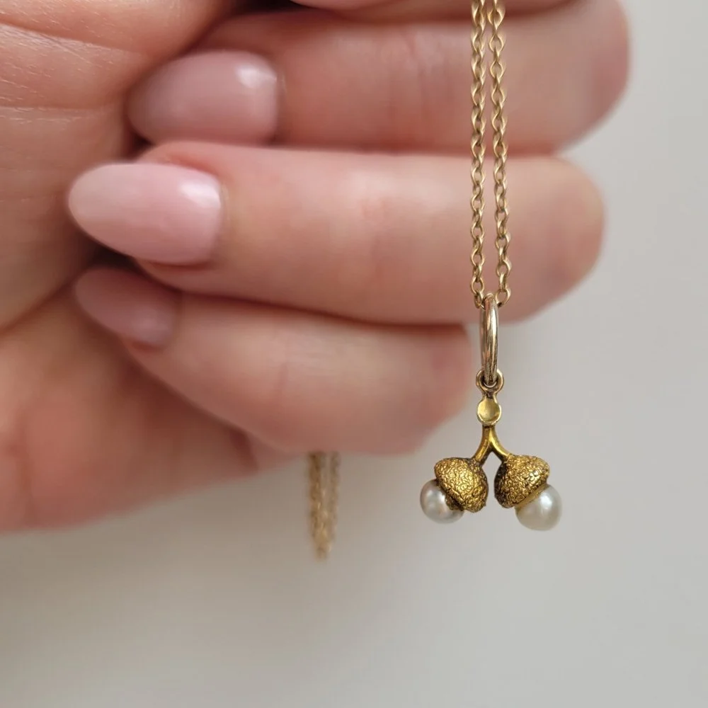 Victorian 15ct Gold and Natural Pearl Double Acorn Pendant Jewels Antiqua