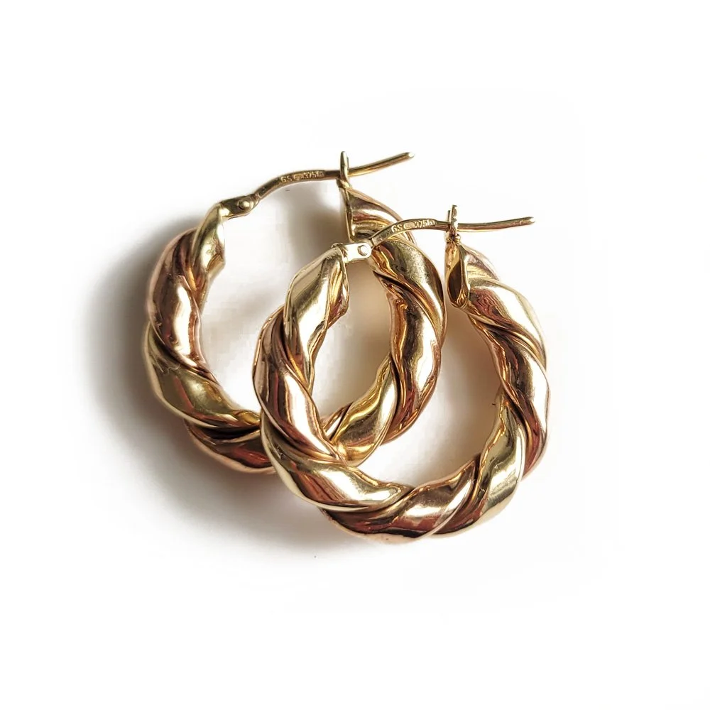 Beautiful Vintage 9ct Yellow & Rose Gold Twisted Ribbon Hoops