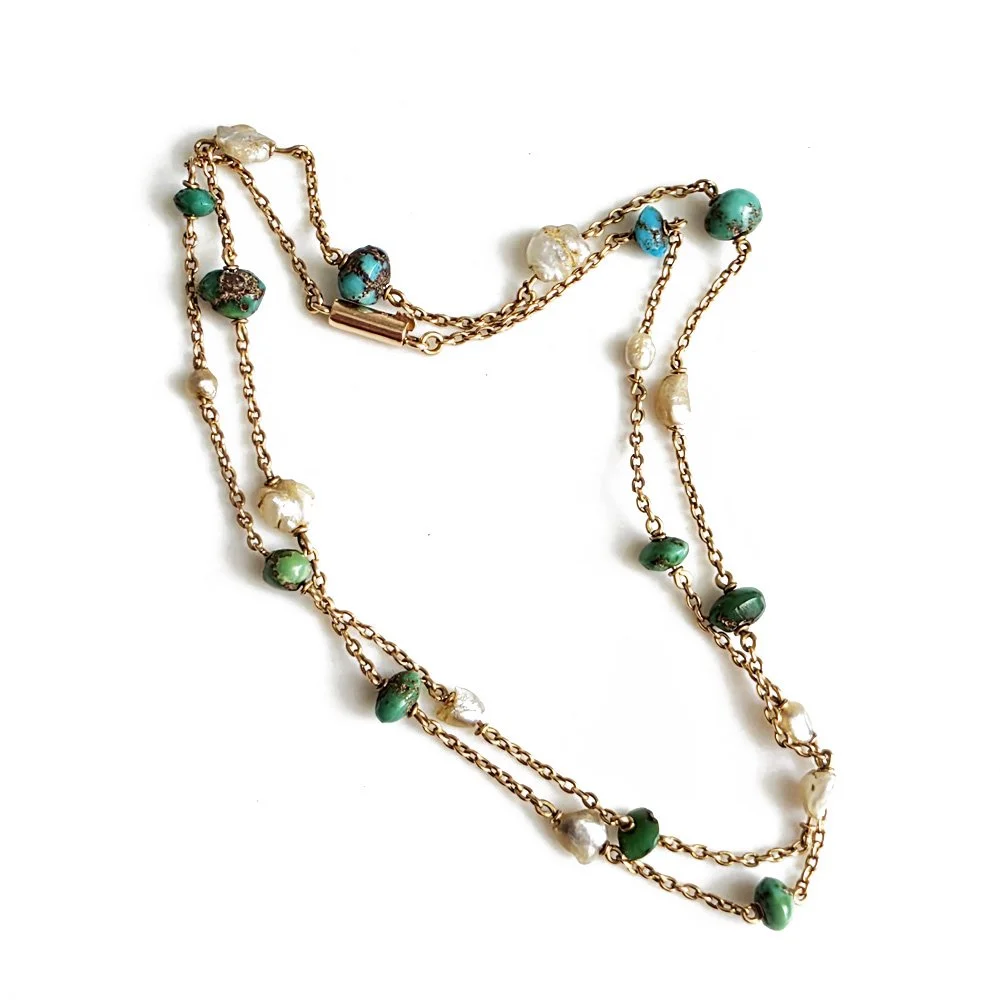Antique 15ct Gold Turquoise & Pearl Chain