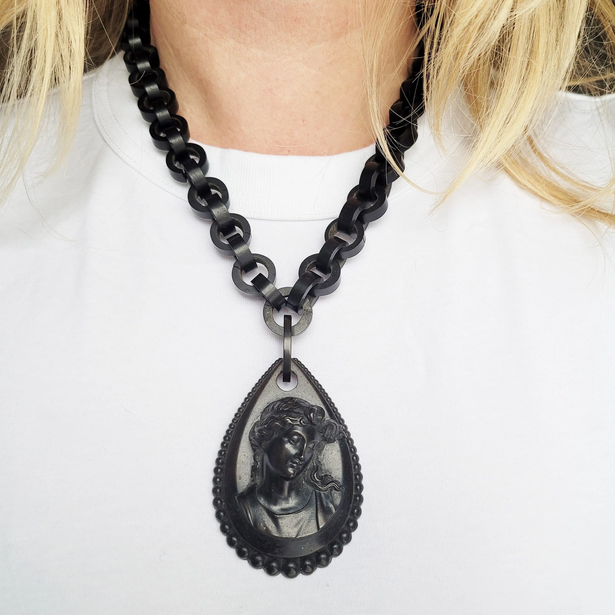 Victorian Vulcanite Rollo Chain with Large Relief Pendant
