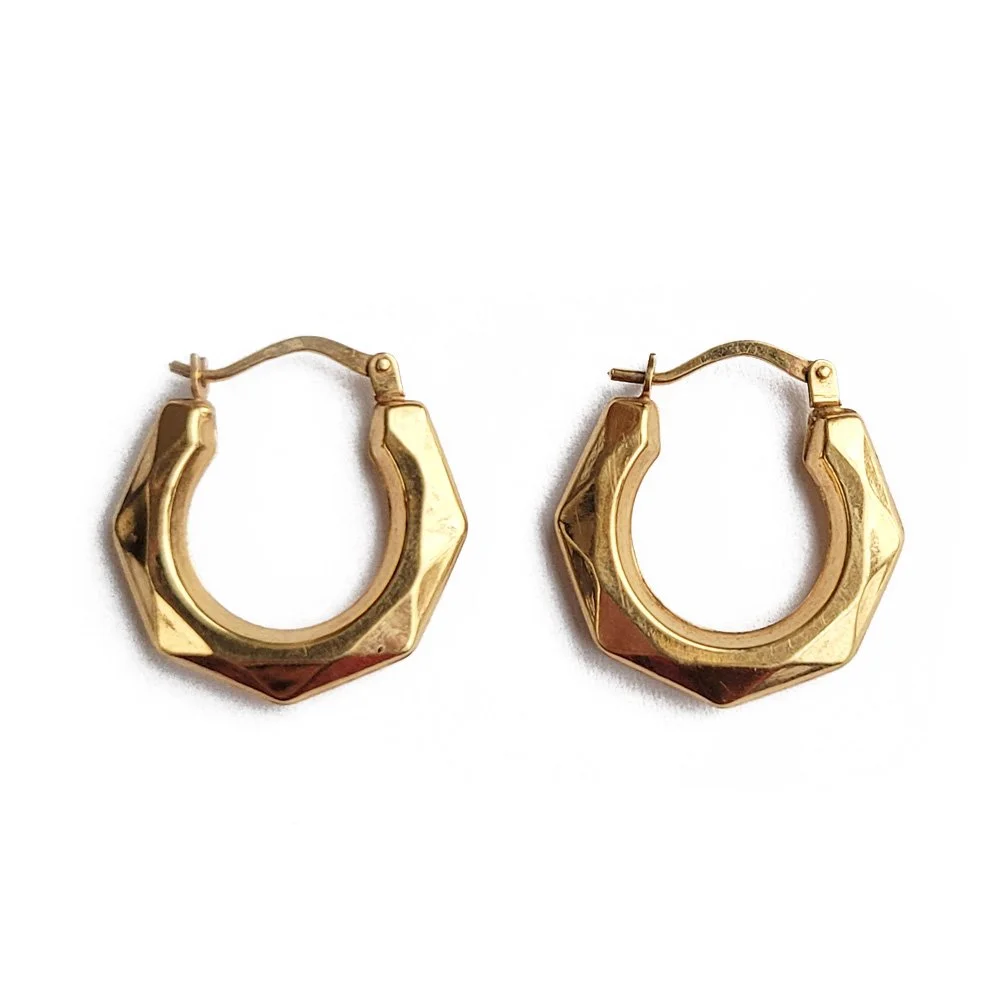 Vintage Uno A Erre 9ct Gold Midi Hexagonal Hoop Earrings