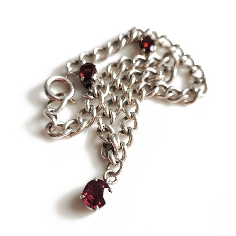 Vintage Silver Curb Bracelet with Garnet Drops