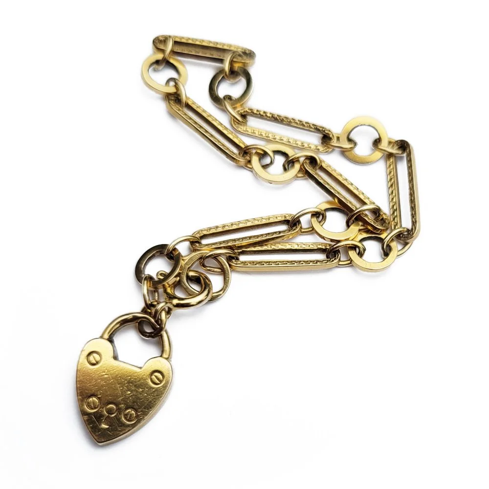 Vintage 9ct Gold Flat Paperclip Link Bracelet With Heart Padlock Charm