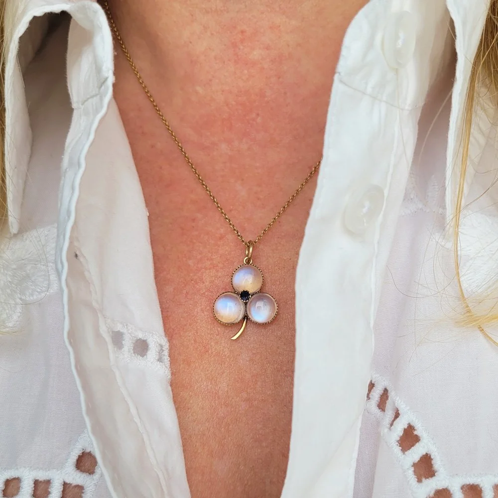 Magical Victorian Moonstone & Sapphire Shamrock Pendant