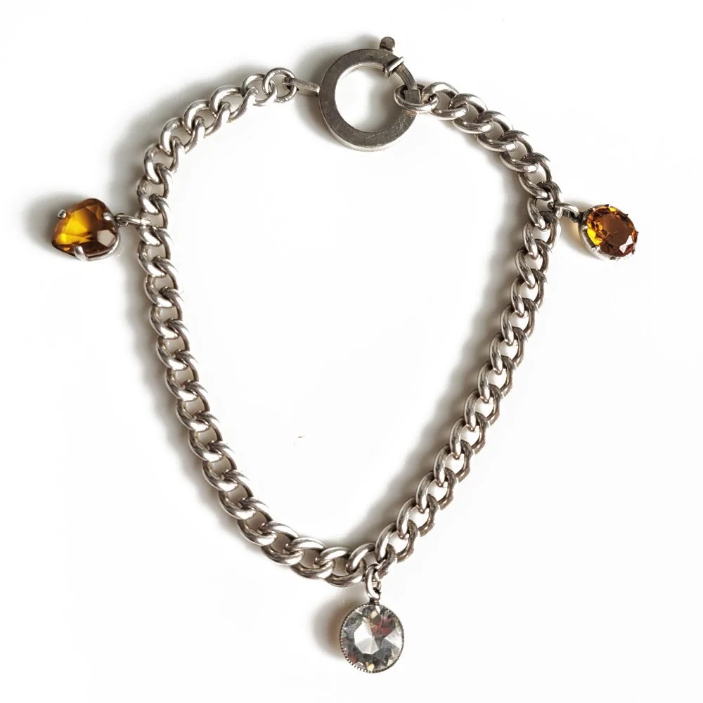 Vintage Silver Curb Bracelet with Paste Drops