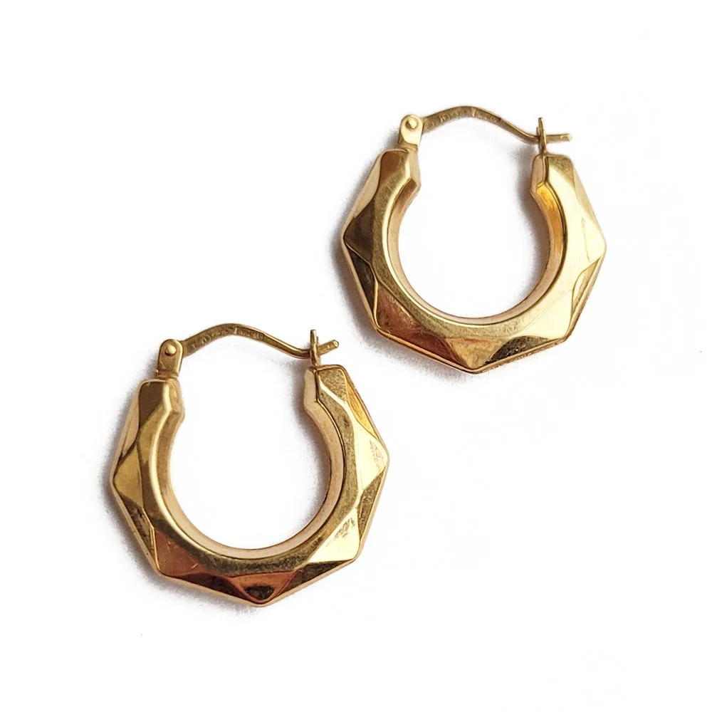 Vintage Uno A Erre 9ct Gold Midi Hexagonal Hoop Earrings