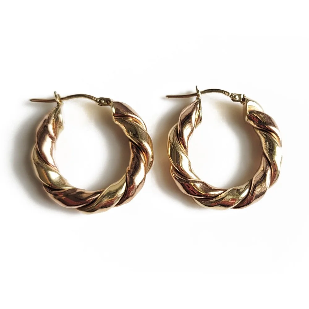 Beautiful Vintage 9ct Yellow & Rose Gold Twisted Ribbon Hoops