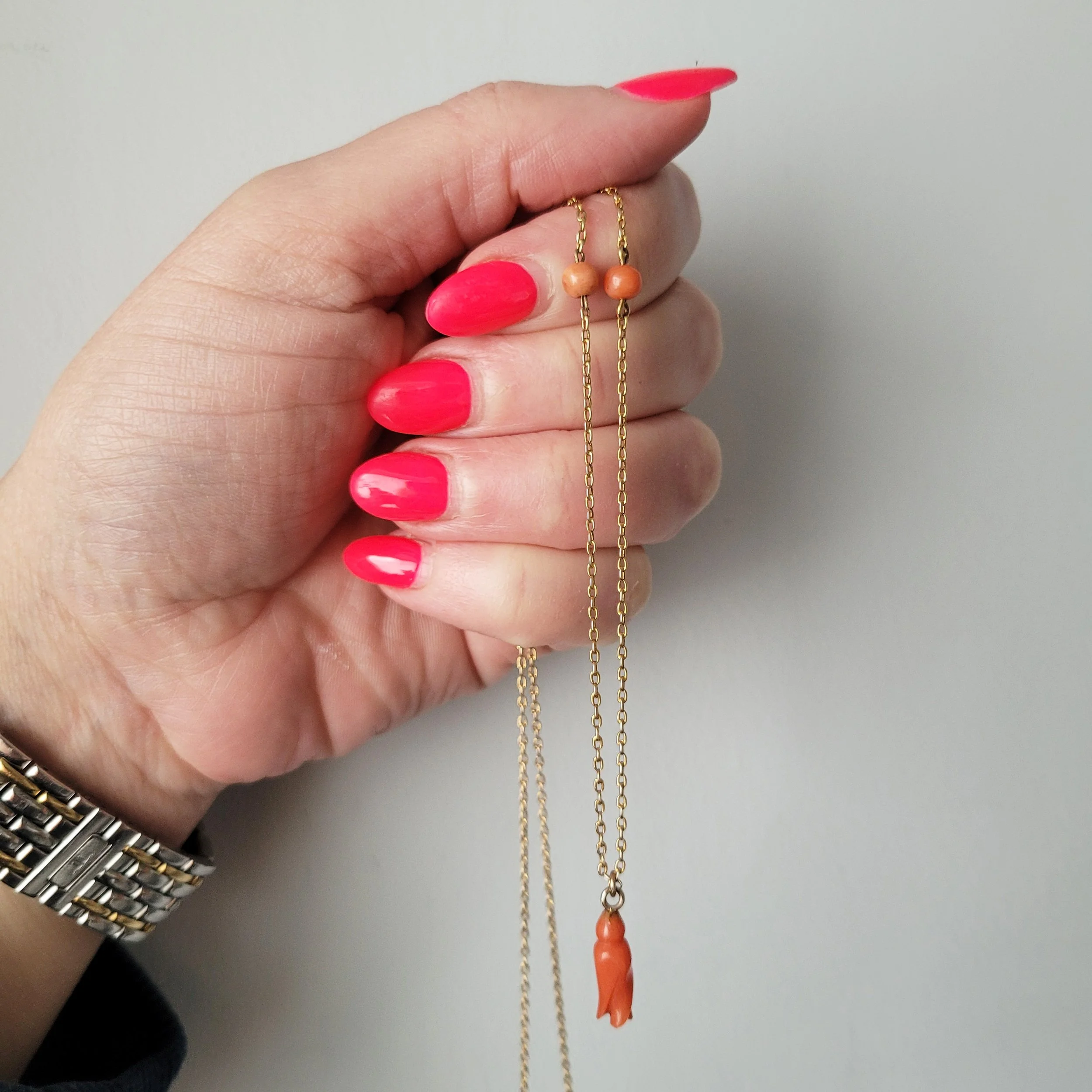 Antique 9ct Gold & Coral Flower Bud Chain / Necklace