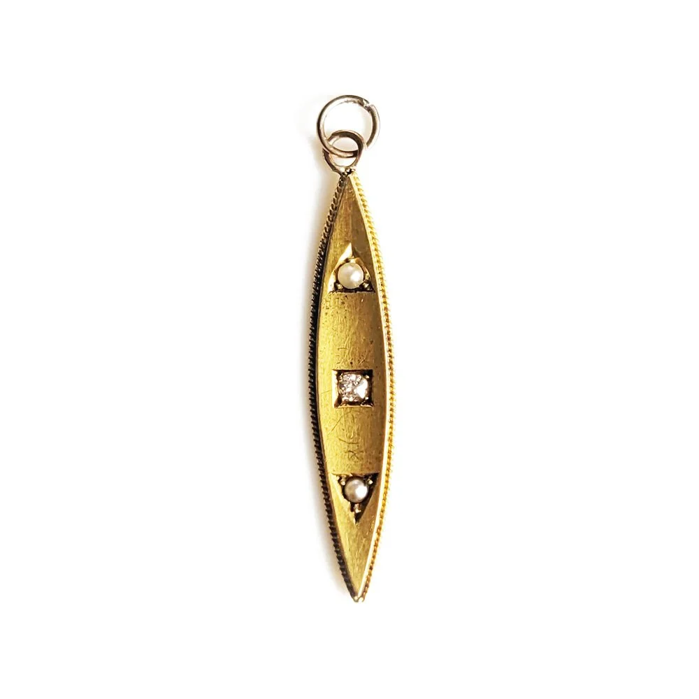 Antique 15ct Gold, Diamond & Pearl Lozenge Shaped Pendant