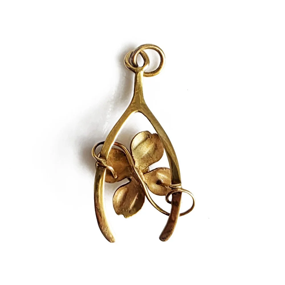 Vintage Diamond Set Four Leaf Clover and Wishbone Pendant