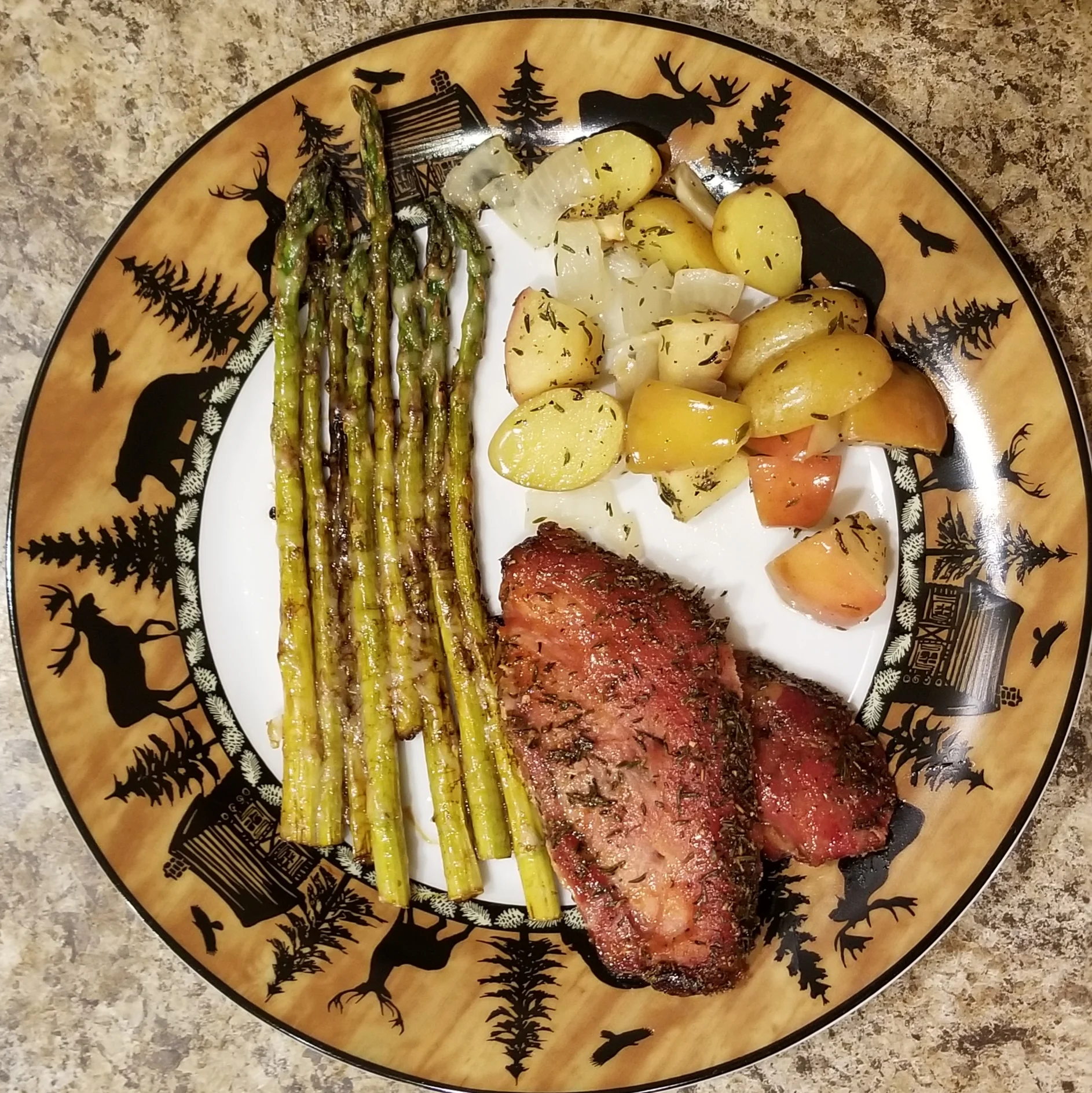 Smoked Pork Loin with asparagus and roasted fingerling potatoes with apples