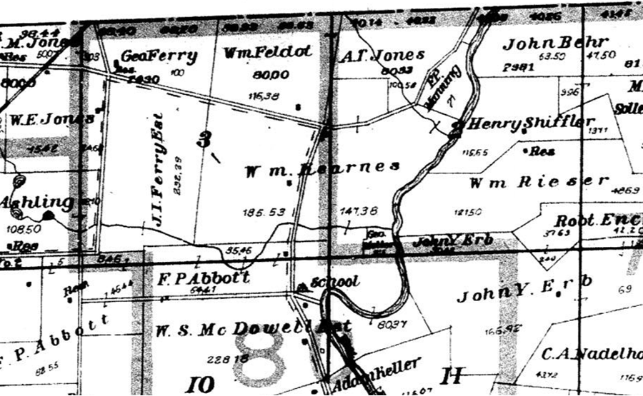 The Ferry farms as shown on a 1904 map of the northern edge of Naperville township, just south of Warrenville.