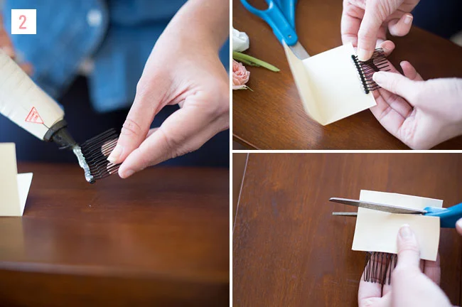 Step 2 : Run a generous line of hot glue along the back of the comb and attach it to the non-folded side of the card stock. Press the two open sides of the card stock together to hide the top of the comb. Cut off any excess or extra that you don’t need.
